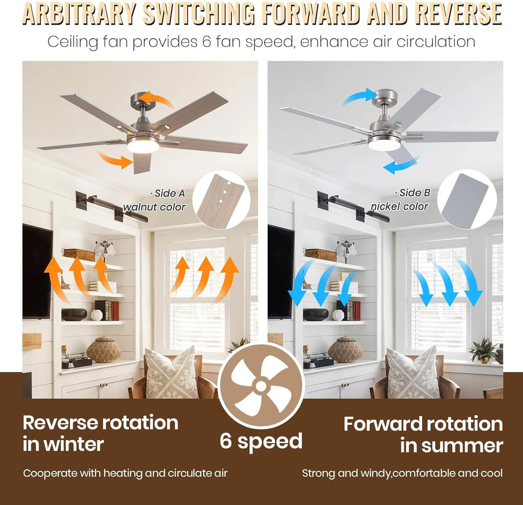 Ceiling Fans with Lights, 52 inch Brushed Nickel Ceiling Fans with Lights and Remote Control, Reversible, 3CCT