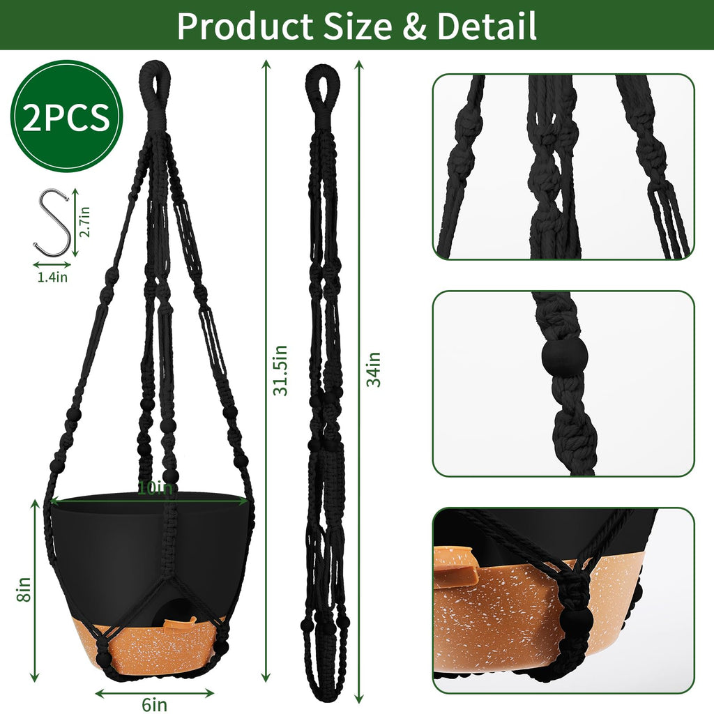 10 Inch Hanging Planters with Macrame Plant Hanger for Indoor and Outdoor Plants, 2 Pack Large Self Watering Hanging