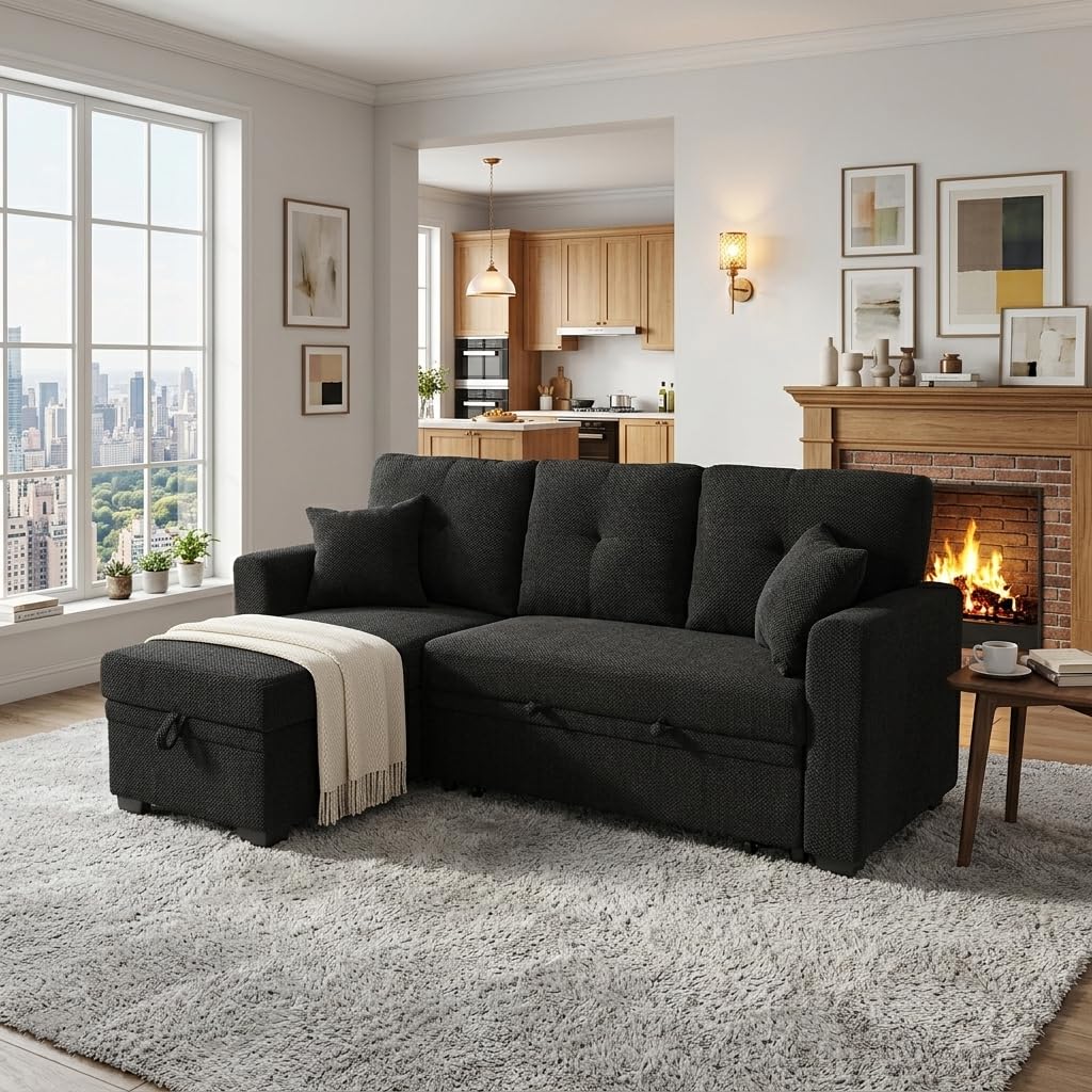 71" Sleeper L Shaped Sofa with Pull Out Bed, 3 Seater Sectional Sleeper Sofa with Reversible Chaise, Modular