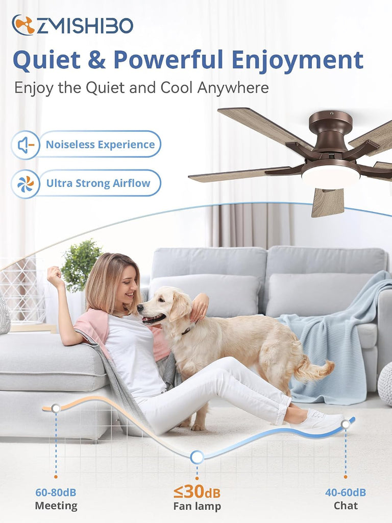 42 Inch Ceiling Fan with Light, App&Remote Control, Flush Mount Low Profile, Dimmable 20W LED Light, Quiet Reversible Motor for Bedroom, Living Room, Apartment, Brown A101-B0F8B5N8ZD