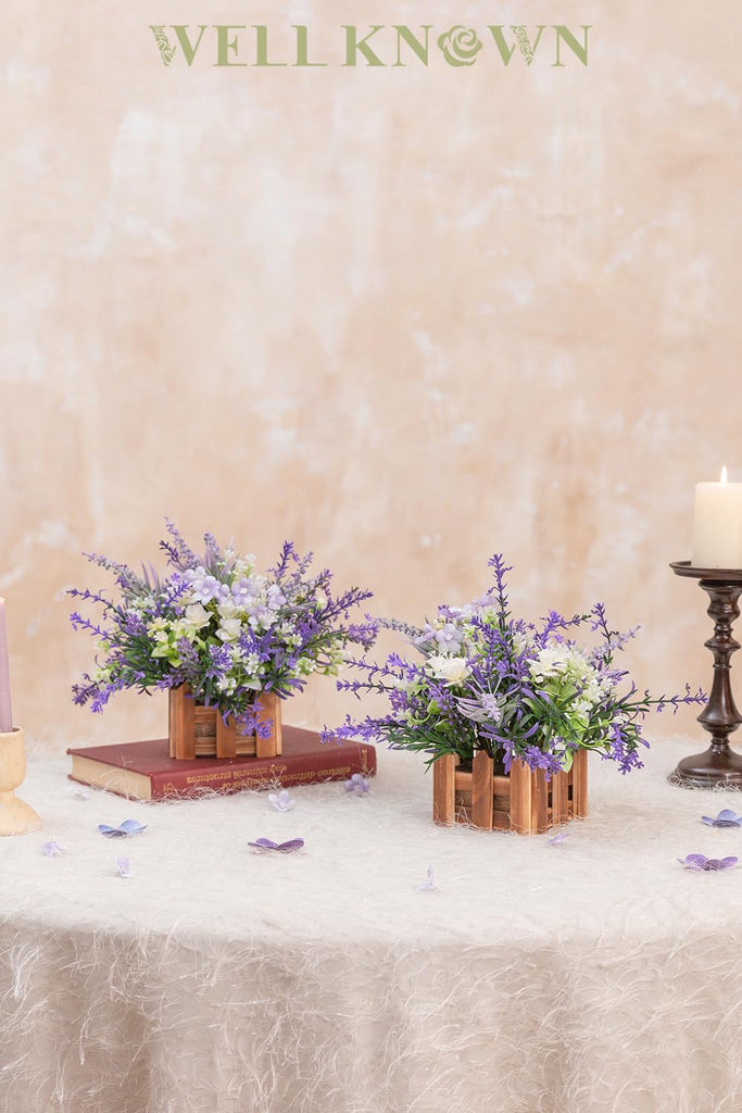Artificial Lavender Plants in Wooden Baskets - Set of 2