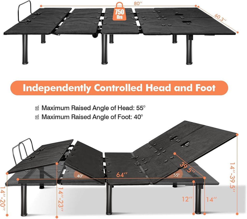 Adjustable Bed Base with Remote, Electric Reclining Bed with Head & Foot Incline, LED Under-Bed Lighting and Dual USB