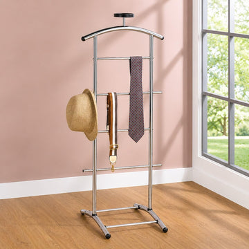 Freestanding Metal Suit Valet Stand with Tie Bar, Chrome
