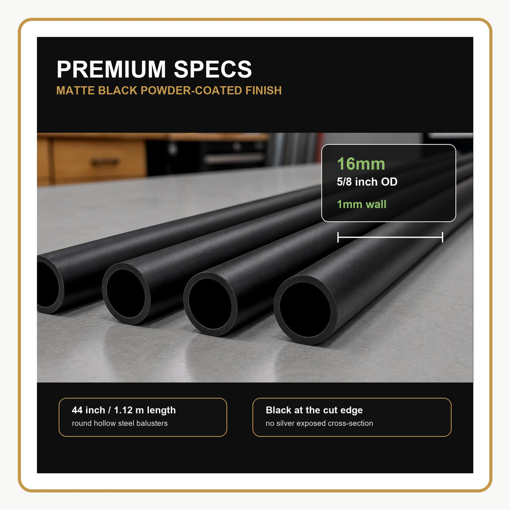 44 in Staircase Balusters, 5/8 in OD Round Black Stair Spindles, 50 Pack