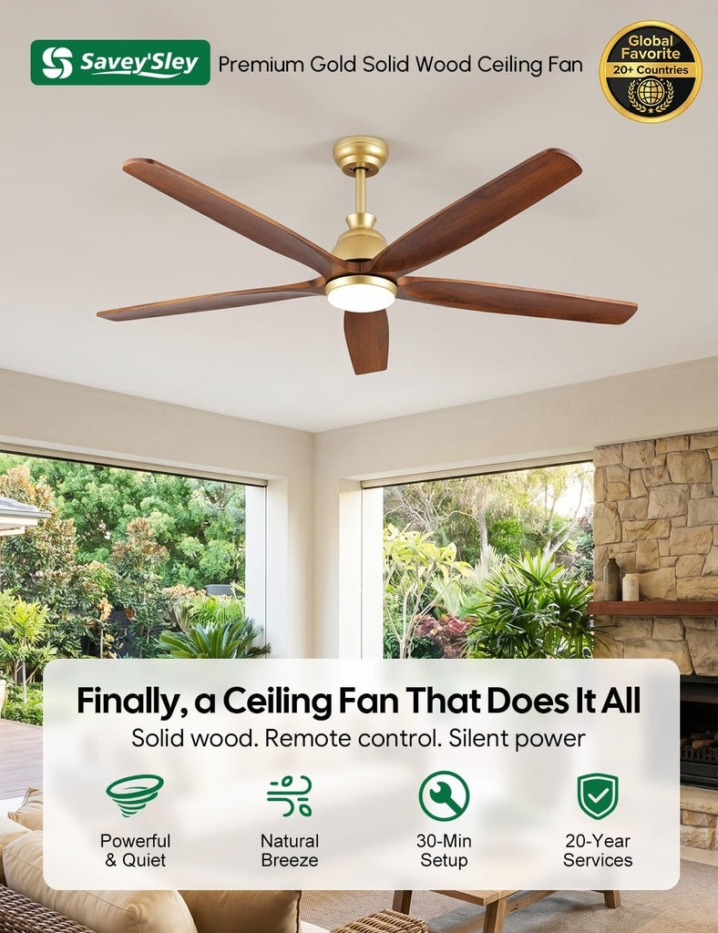 60 Inch Outdoor Ceiling Fan with Lights, Gold Brass Finish, 5 Solid Walnut Wood Blades, High CFM Quiet DC Motor
