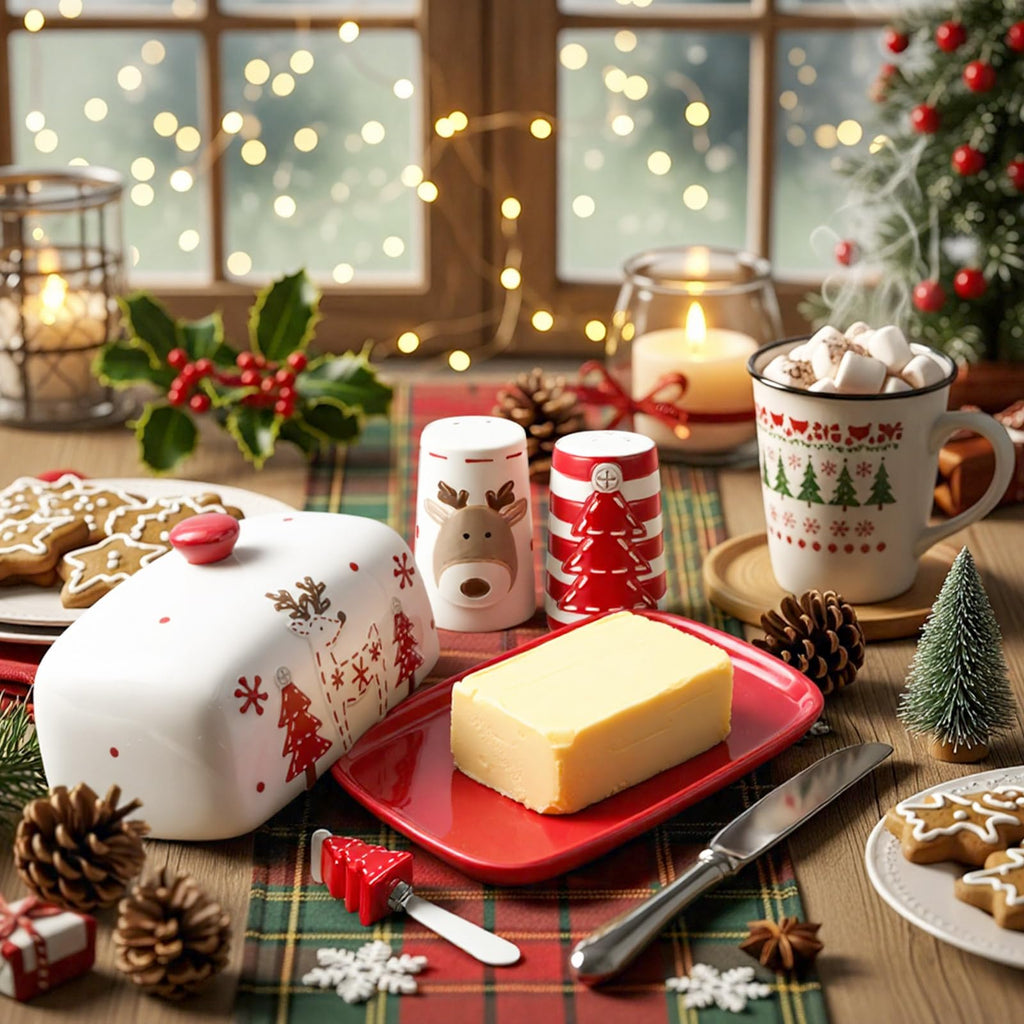 4 Pcs Christmas Dishes Set Include 1 Ceramic Elk Butter Dish with Lid 2 Salt and Pepper Shakers and 1 Christmas Tree