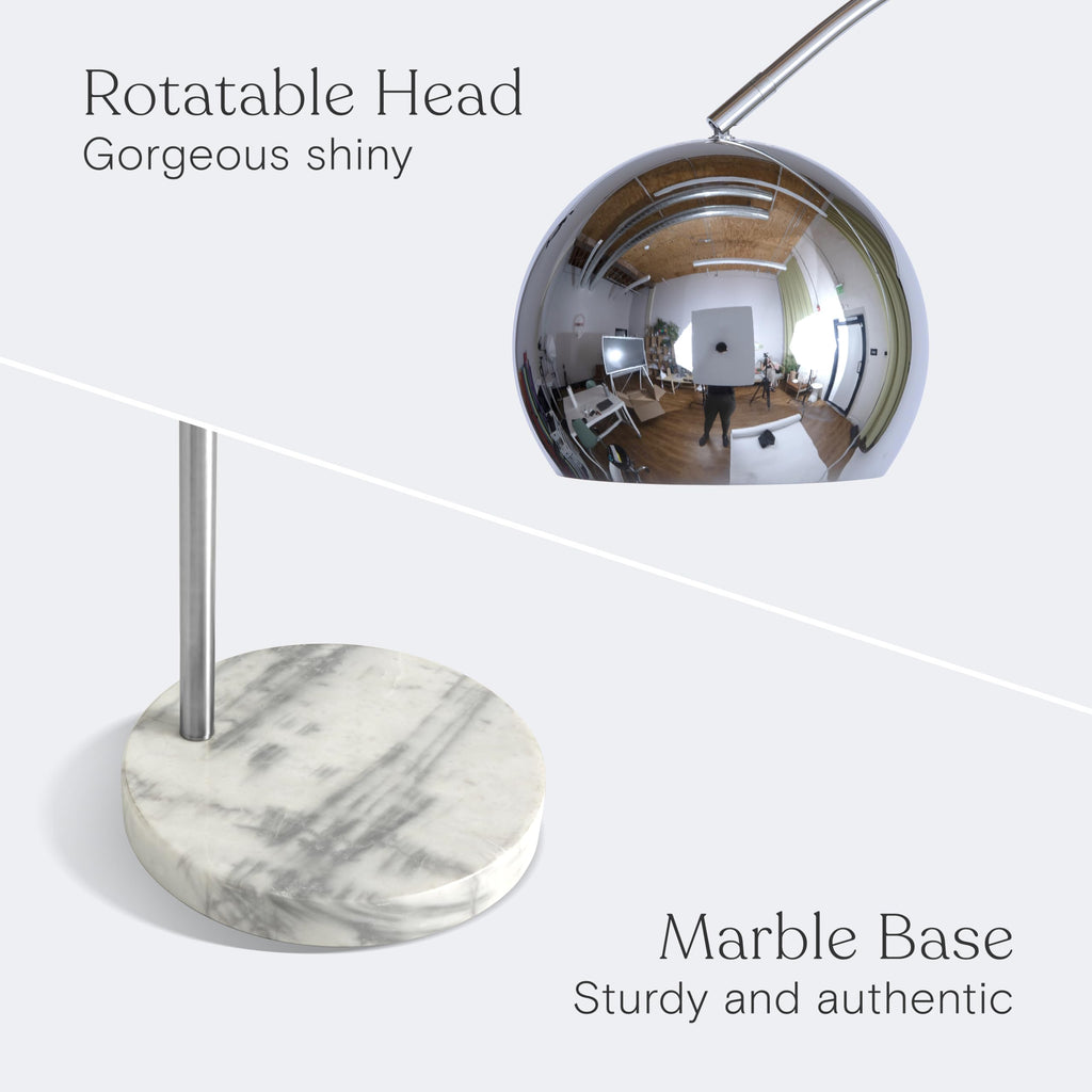 Olivia Floor Lamp - Chic Arc Lamp with Rounded Spolight Head and Marble Base, Tall Standing Lamp with LED Light Bulb