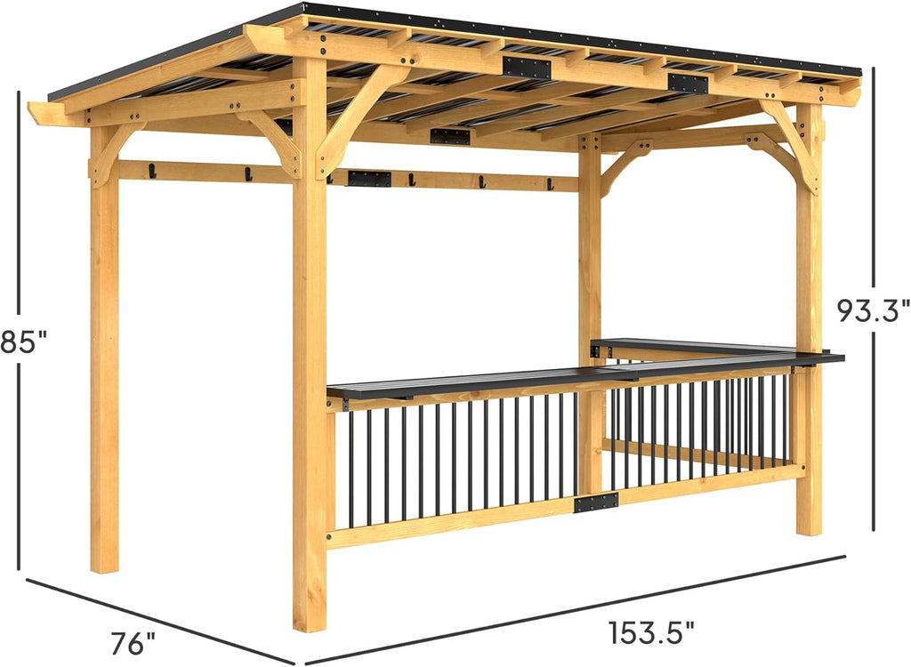13' x 6' Wooden BBQ Grill Gazebo, Hardtop Grill Gazebo with Metal Roof, 2 Bar Shelves and 6 Hooks