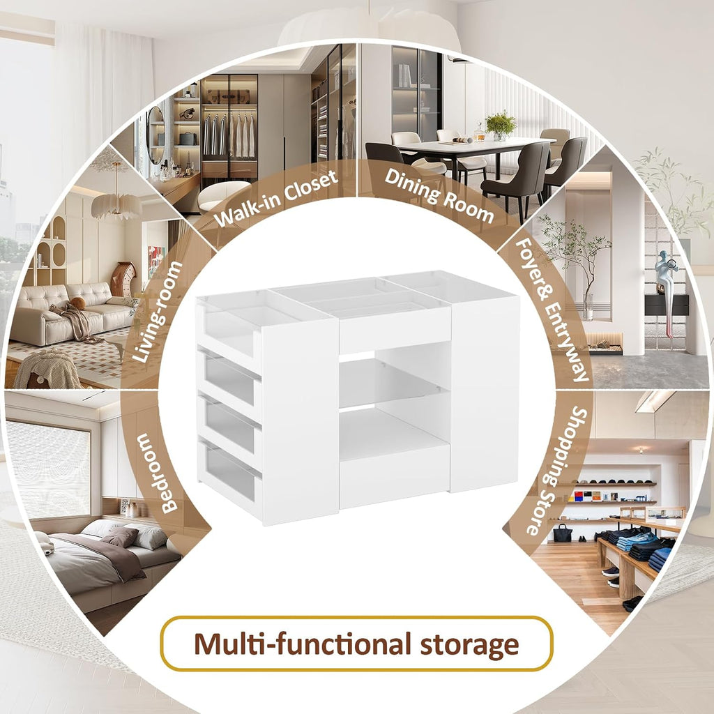 Closet Island with 12 Drawers, Glass Top & Display Shelves, White | Wardrobe Armoire Bedroom Island, White Dresser