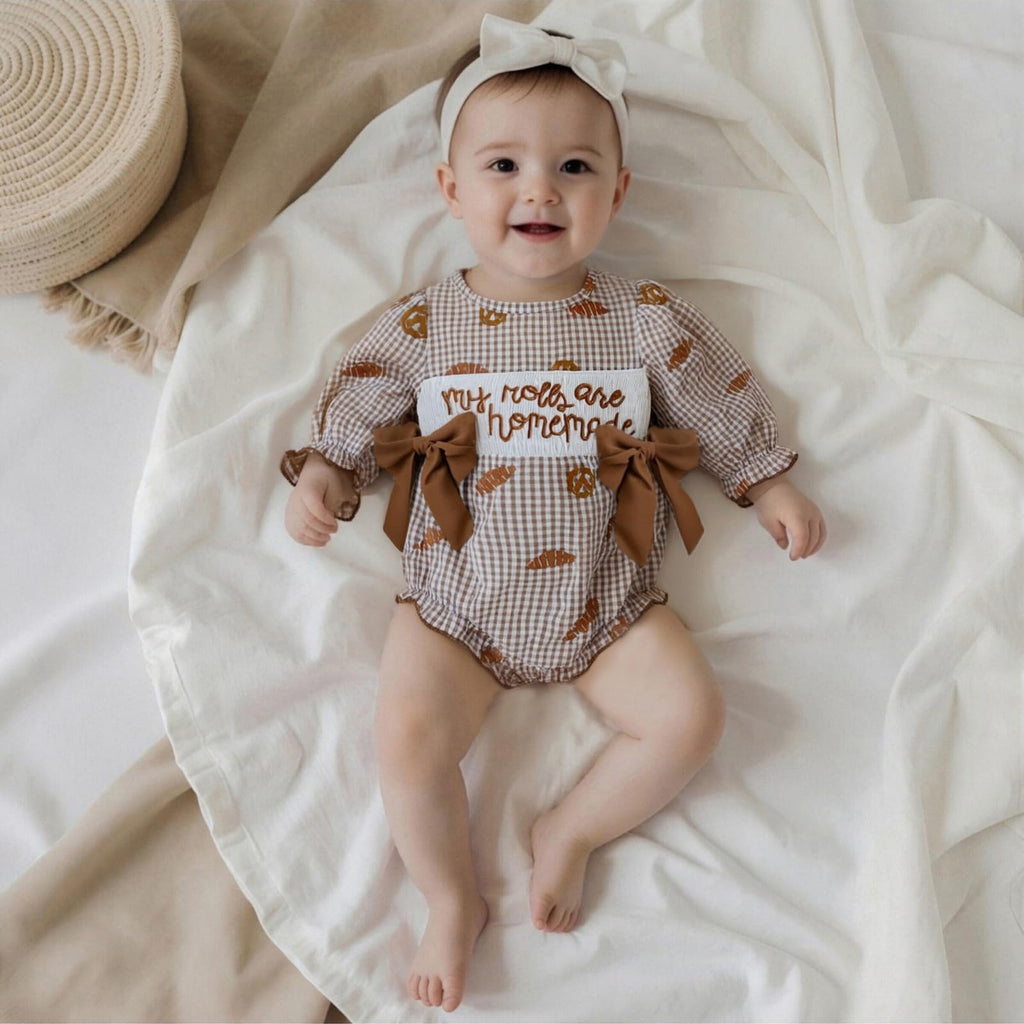 Girl Thanksgiving Outfit Plaid Romper Letter Embroidered Long Sleeve Onesie Headband 2 Piece Fall Set (My Rolls Are