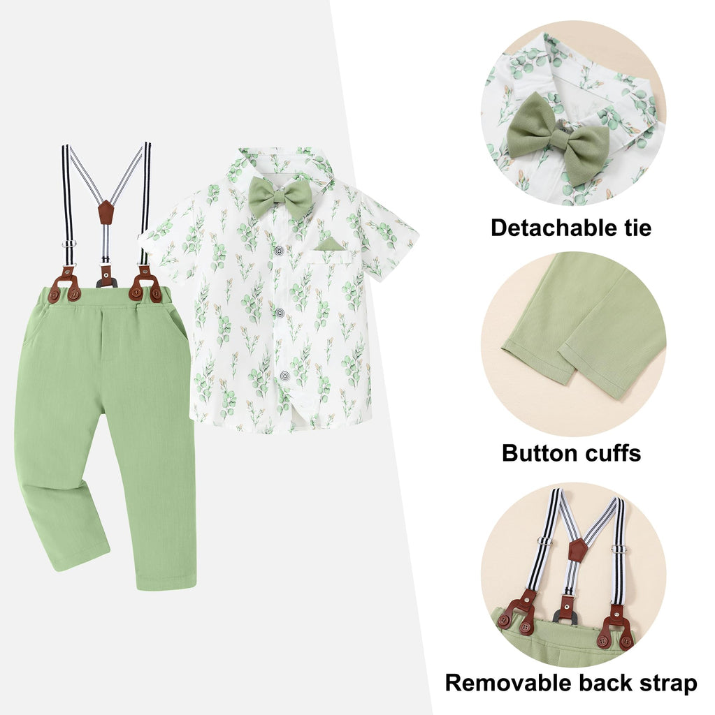 Baby Boy Dress Clothes Set Printed Shirt Aqua Green Suspender Pants Outfits Toddler Boy 12-18