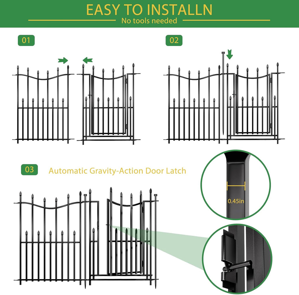 10 Panels No Dig Decorative Garden Fence with Gate, 24in(H) × 22ft(L) Heavy-Duty Rustproof Metal Panels, Outdoor Dog