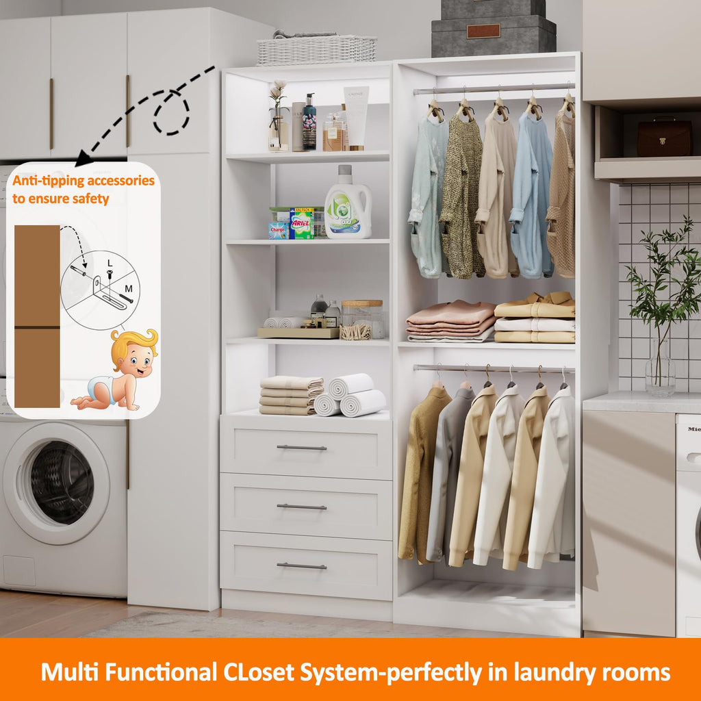 Closet System with 6 Drawers, 8FT-21FT Wooden Organizer System