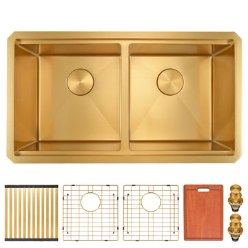 31 Inch Gold Kitchen Sink, 31x18 Undermount Kitchen Sink, 16 Gauge Stainless Steel Double Bowl, R10 Round Corner for