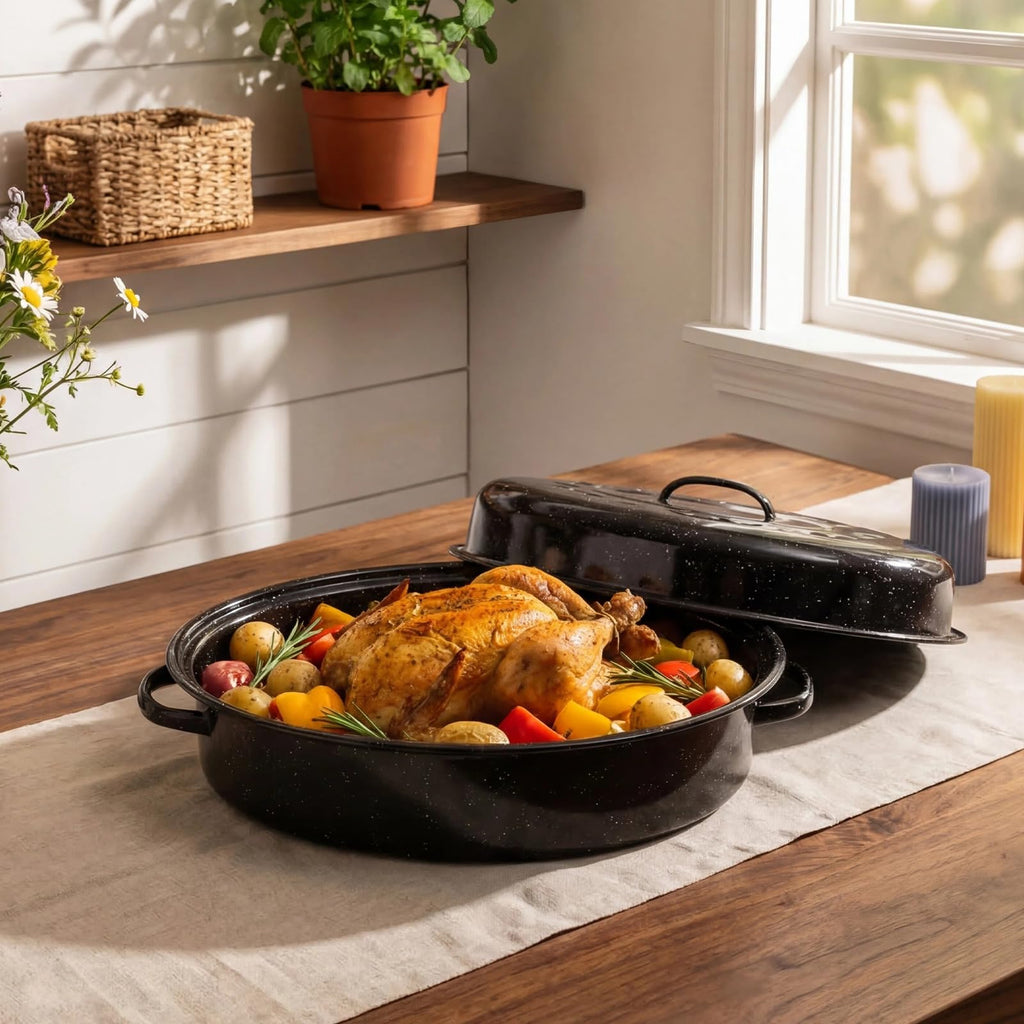15"Oval Roasting Pan With Lid Small Chicken Roaster, With 13.7in Inner Diameter Enamel Steel Roasting Pot Suitable for