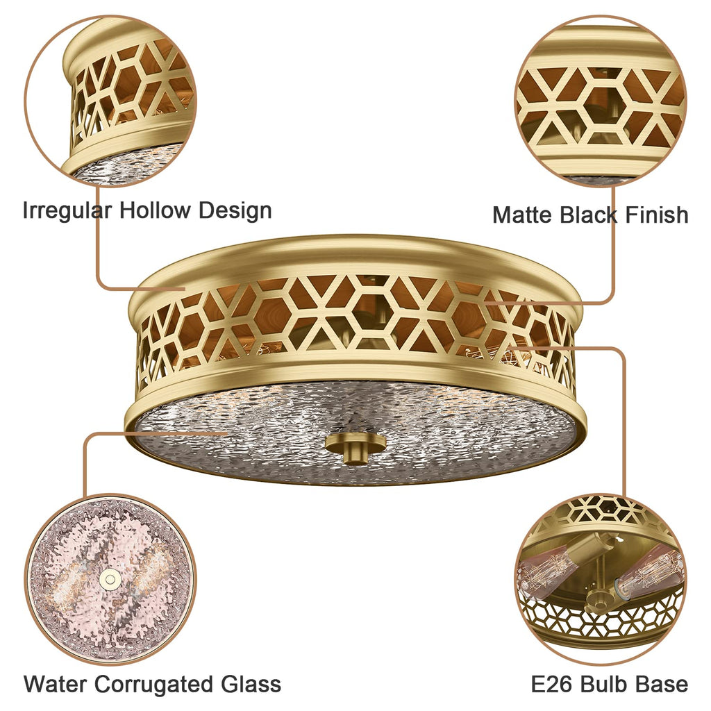 Flush Mount Ceiling Light, 12 Inch 2 Light Vintage Ceiling Light with Rippled Glass, Gold Ceiling Fixture Corridor