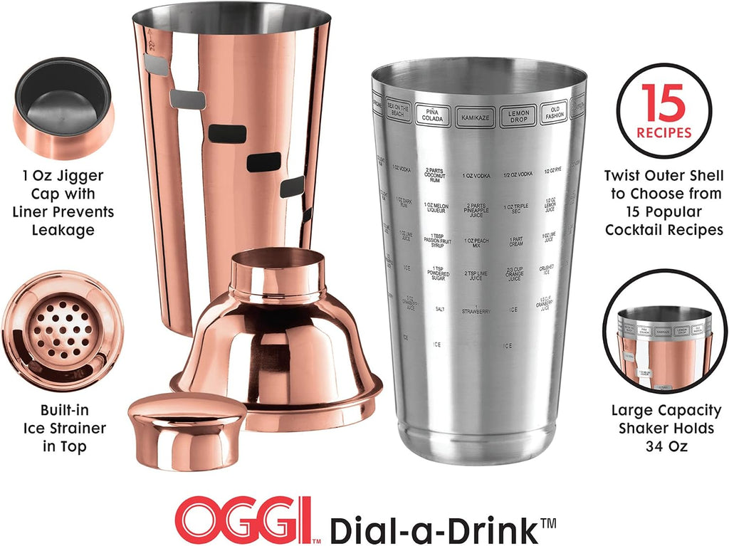 Dial A Drink Cocktail Shaker - Copper Plated, 15 Recipes, 34 oz - The Original and Only Dial A Drink - Ideal Home Bar