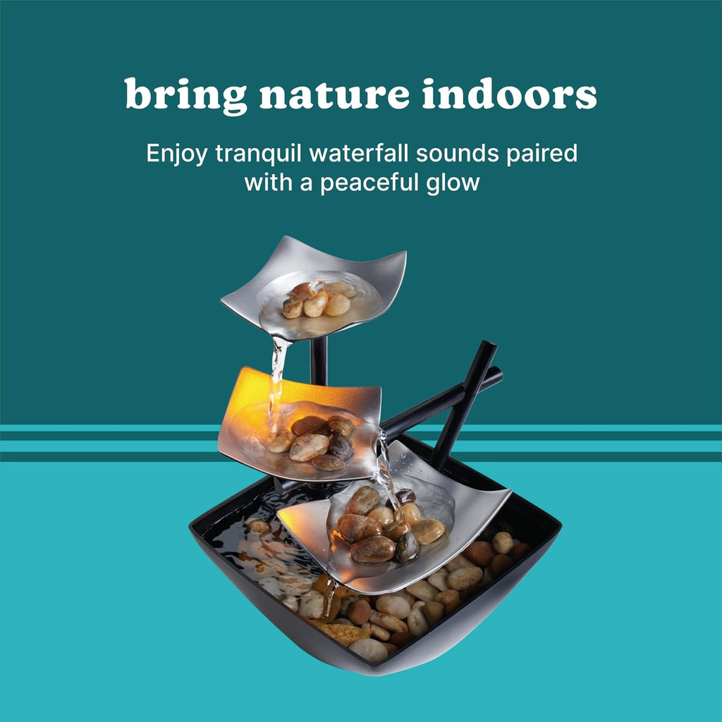 Tabletop Water Fountain, Home Décor Soothing Sound Machine - Automatic Pump, Deep Basin & Natural River Rocks. Indoor