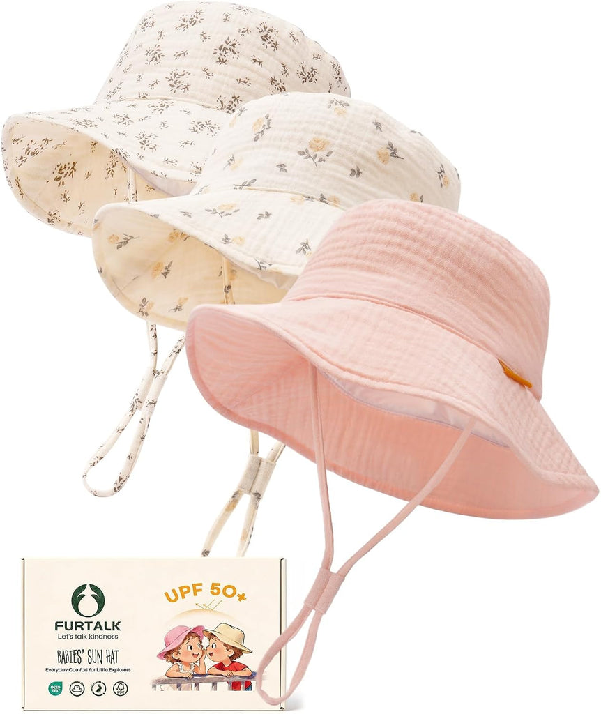 Baby Sun Hat Muslin Cotton Toddler Bucket Hat for Girls Boys Wide Brim UPF 50+ Summer Beach Hats