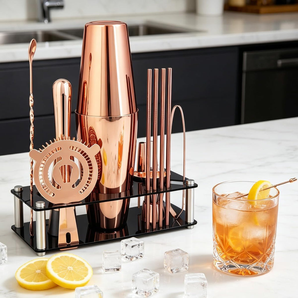 Professional Cocktail Shaker Set with Stand Cocktail Recipes, 15-Piece 750/600ml Bartender Kit, Bar Sets Bartending - Set of 15