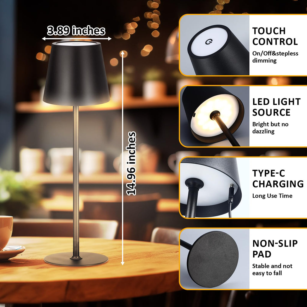 12 Pack Cordless Table Lamp Portable Rechargeable Lamp, Black
