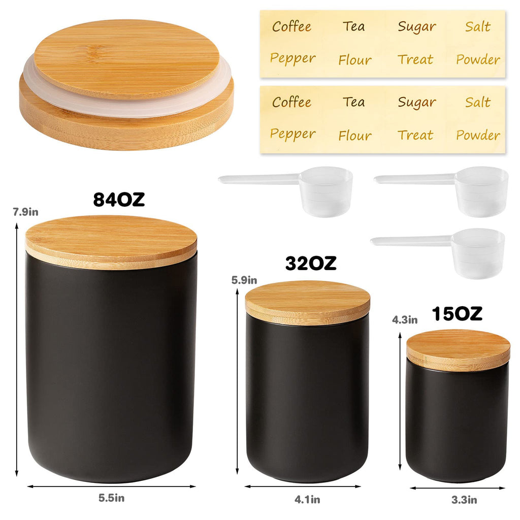 Black Ceramic Canister Set -Set of 3 Kitchen Canisters for Countertop with Airtight Wood Lids, Large Kitchen Storage