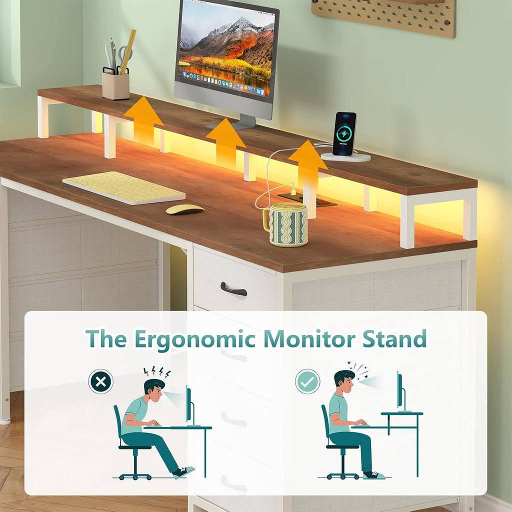 60" Computer Desk with 8 Drawers & Monitor Stand | Gaming Desk with LED Lights & Power Outlets, Home Office Desk with