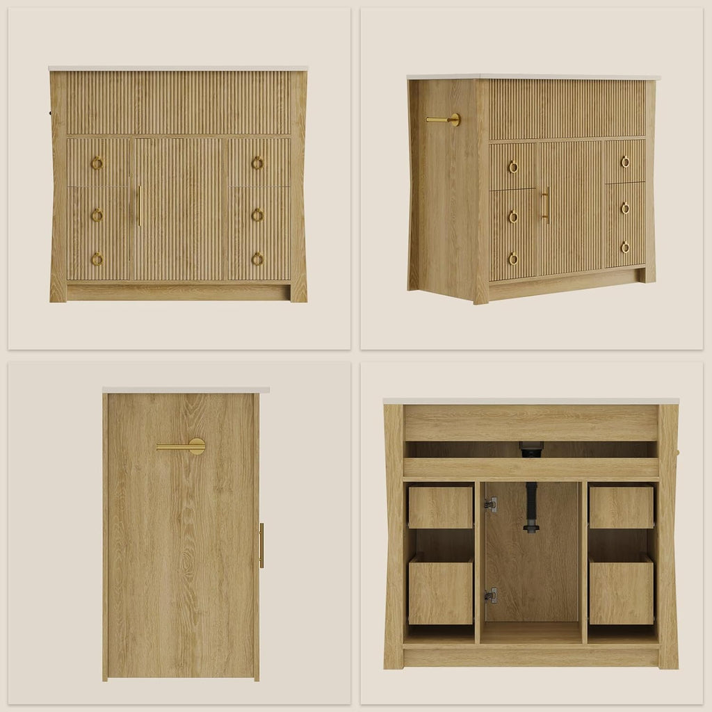 36" Freestanding Fluted Bathroom Vanity with Sink & Drain - Cabinet with 4 Drawers & Door