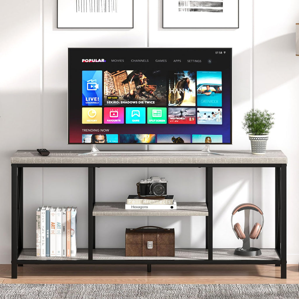 Modern TV Stand for TV up to 65 Inch, Rustic Wood Entertainment Center with Storage Shelves, Industrial Media TV