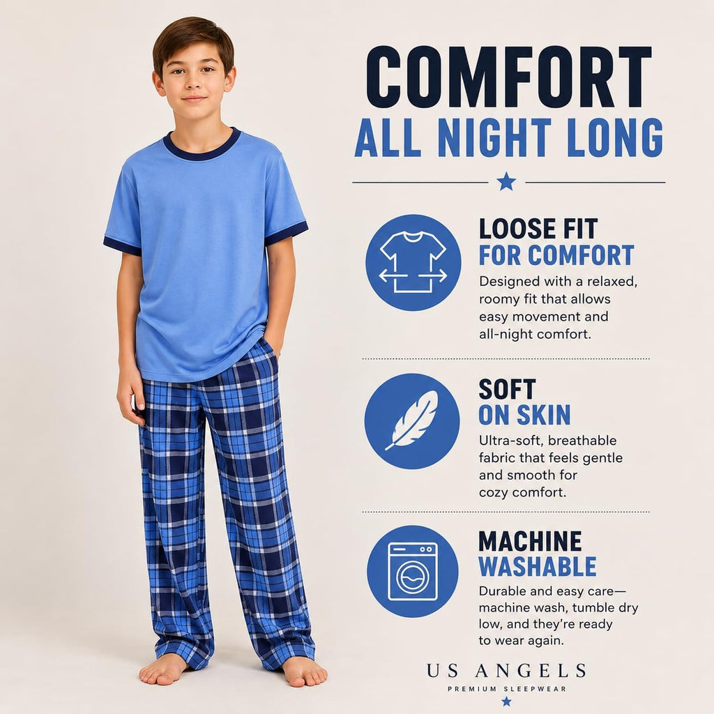 Boys Pajamas Set | Piece Pant, Shirt, Shorts Sleepwear Pjs for Kids | Loose Fit, Soft, Breathable Blue Plaid