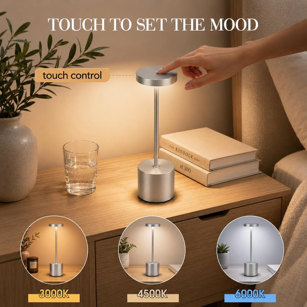 Silver Rechargeable Table Lamps 2 Pack, Cordless Battery Operated LED Desk Lamp with Touch Control, 3 Color