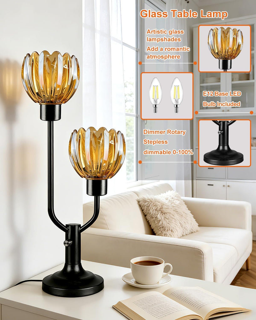 Mid Century Modern Glass Table Lamp Black Dimmable Desk Lamps with Brown Glass Shades 2 Bulbs Included 3000K Warmwhite