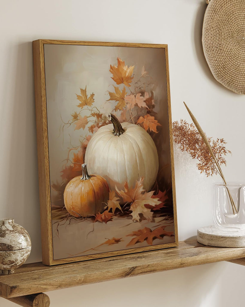 Vintage Framed Canvas Wall Art, Pumpkin and Leaves Fall Art Prints, Rustic Autumn Harvest Decor Kitchen Entryway