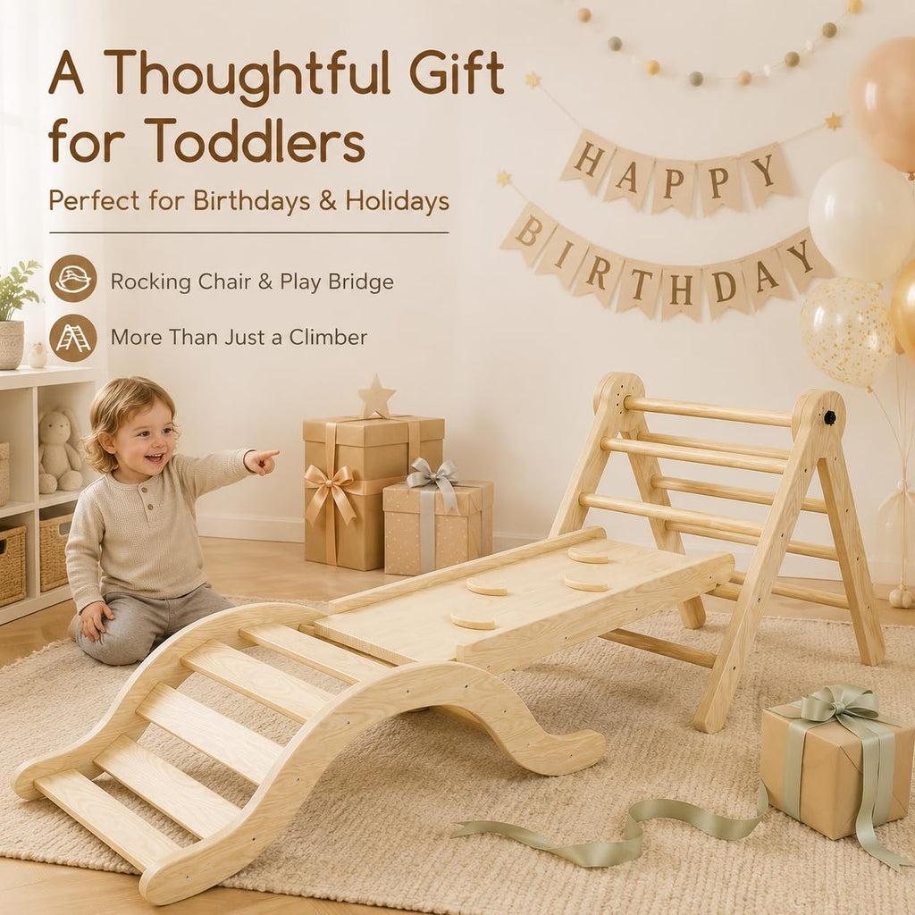 Wooden Toddler Climbing Set Indoor, in-1 Foldable Climber Playset with Triangle Ladder, Arch, Ramp and Slide, Birch