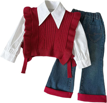 Toddler Girl 3 Piece Set Long Sleeve Shirt with Lace Bow Knitted Vest & Denim Jeans Girls Clothing Sets Fall