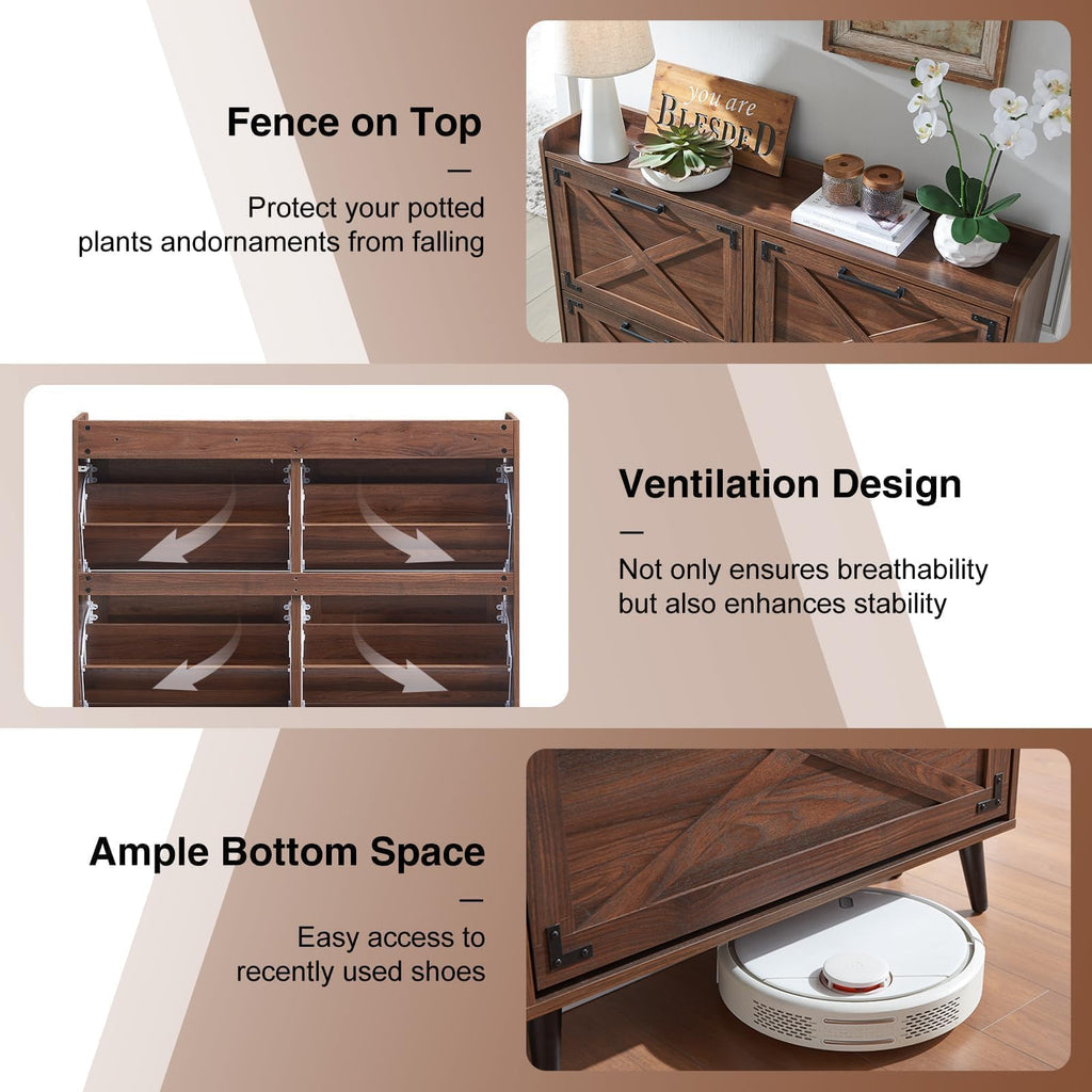 Farmhouse Shoe Storage Cabinet, Shoe Organizer with 4 Flip Drawers