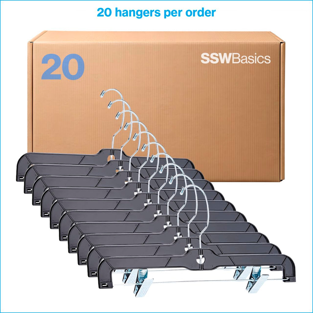 Black Plastic Skirt and Pants Hangers with Clips, 14 in, 20 Pack