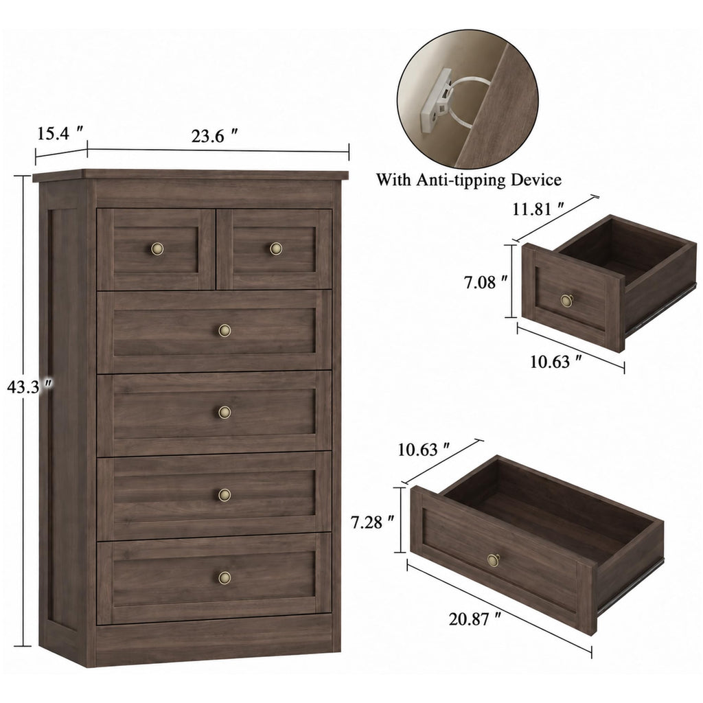 Tall 6 Drawer Dresser, Gray Walnut Modern 43.3'' Tall Wood Chest of Drawers, Storage Organizer with Smooth Metal