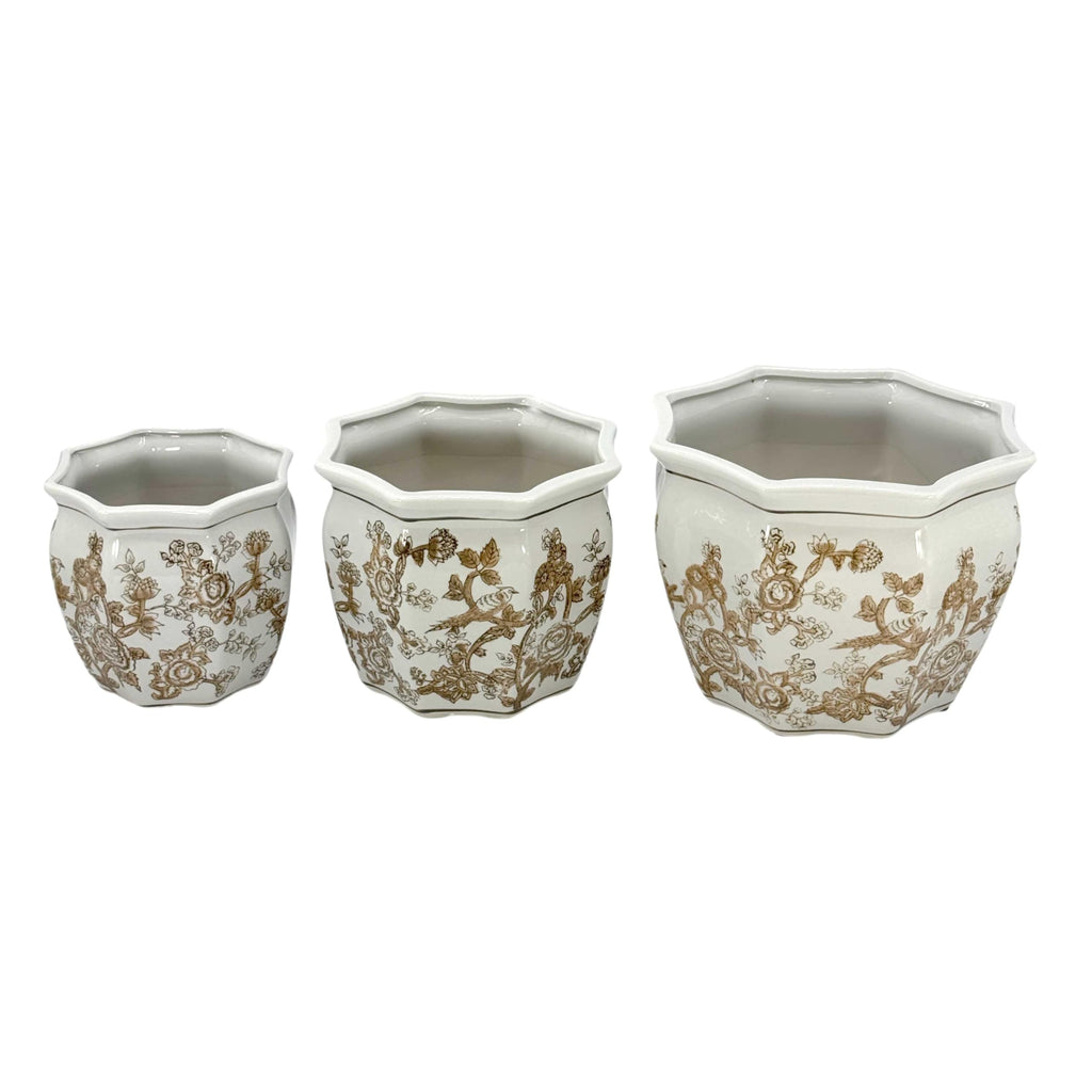 Brown & White Round Fluted Floral Porcelain Ceramic Plant Flower Planter Pot Set of 3 (7.5", 10", 13") Garden Pots