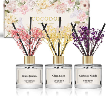 Real Flower Reed Diffuser/Clean Linen,Cashmere Vanilla,White Jasmine/1.6oz Each Pack/Home Fragrance - Set of 3