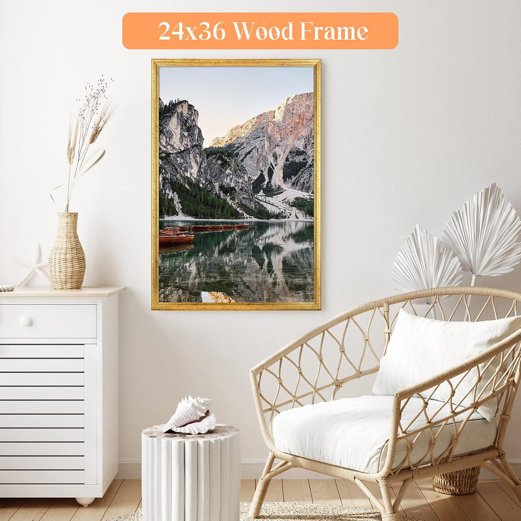 24x36 Poster Frame Gold, Ornate Natural 36x24in Picture Photo Frame, Modern Golden 24 x 36inch Gallery Wall Frame