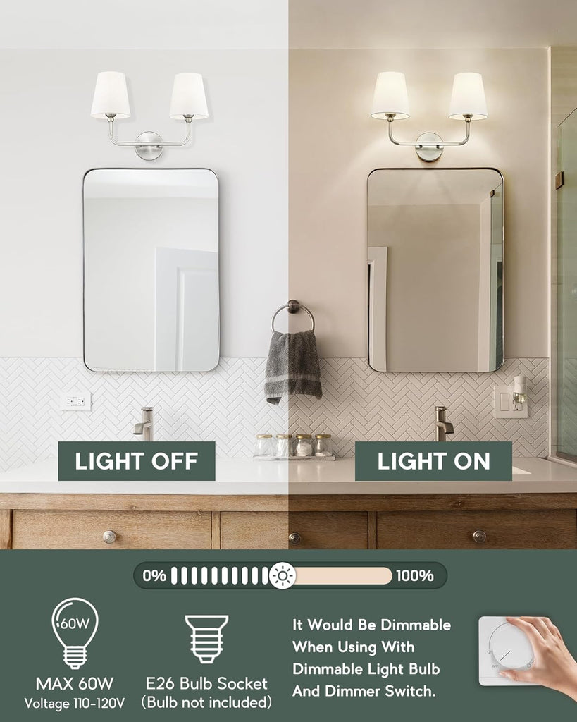 2-Light Brushed Nickel Bathroom Vanity Light, White Fabric Shades | 17" double wall sconce, upward only, E26 base