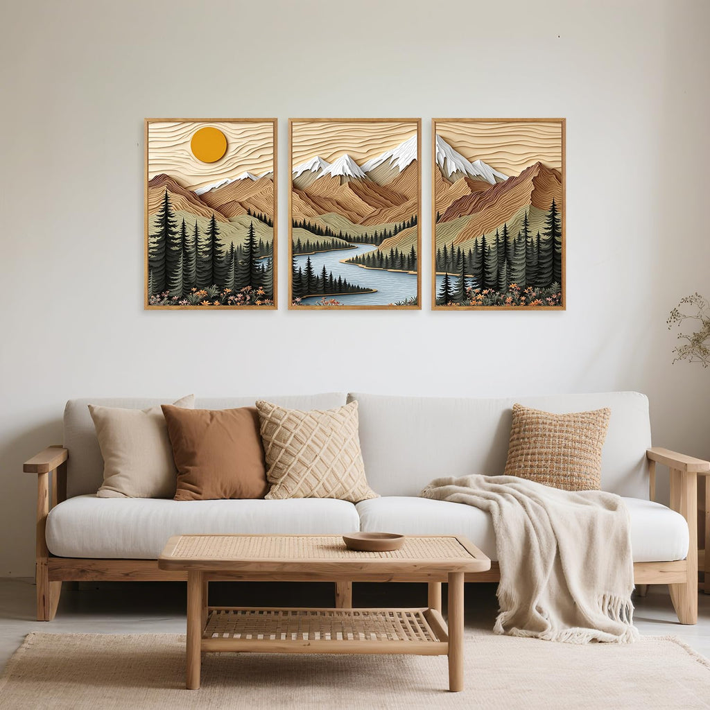 Mountain Forest Framed Canvas Wall Art Set Of 3, Rustic Nature Wall Decor, Scenic Lake Sunrise Landscape Painting
