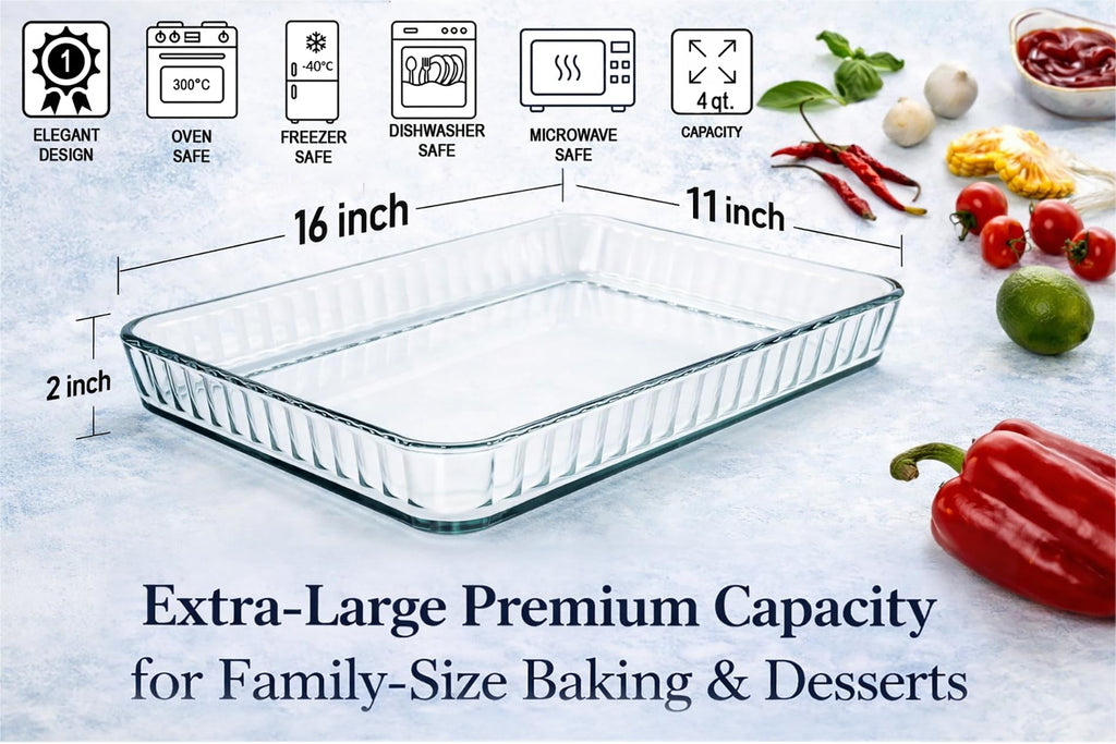 4-Qt (16" x 11" x 2") Glass Baking Dishes for Oven, Glass Oven Pan & Tray Bakeware, Borosilicate Glass Casserole Dish
