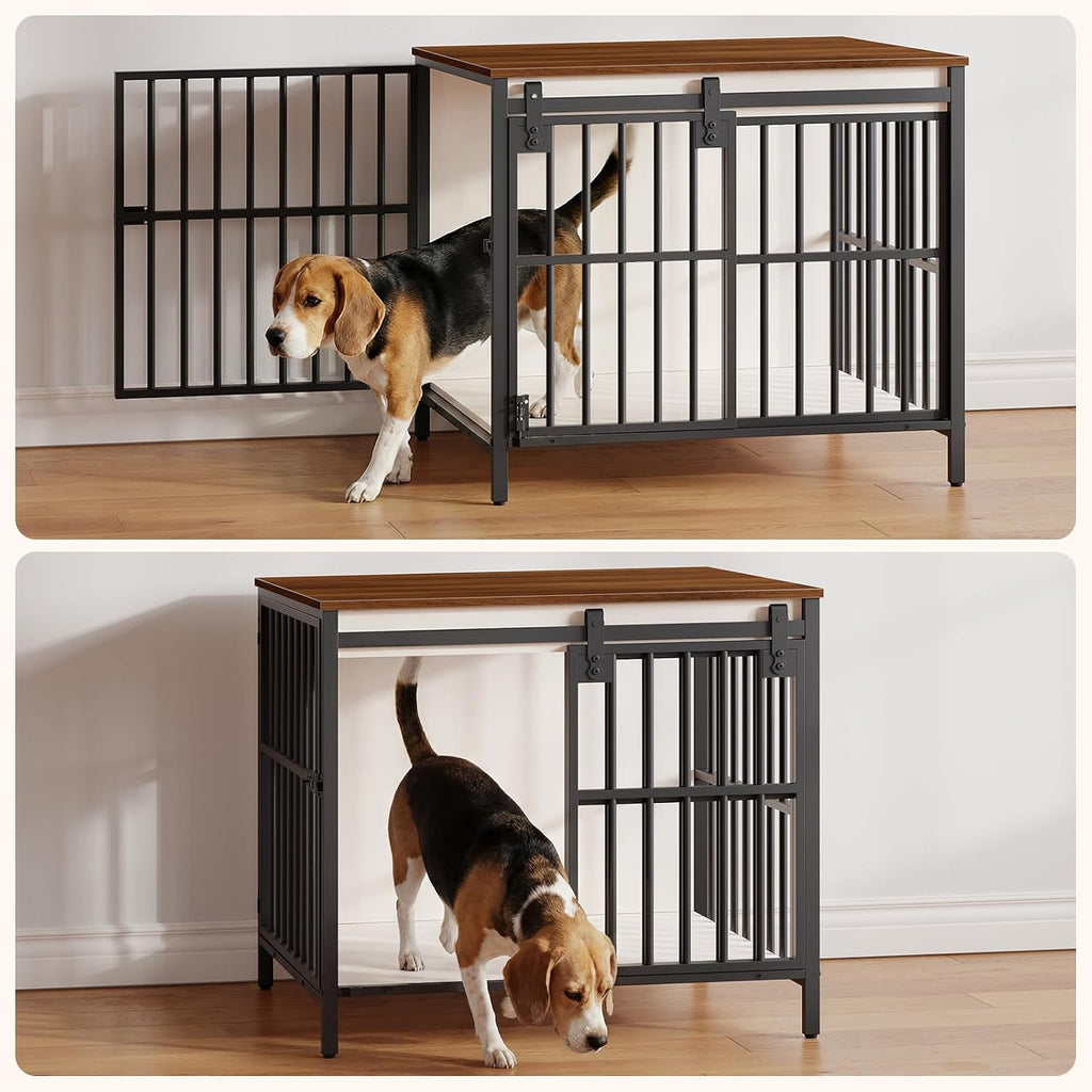 Dog Crate Furniture with Sliding Barn Door, Dog Kennel Indoor for Small/Medium Dogs, Heavy Duty Dog Cage with 2
