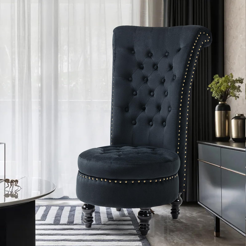 High Back Throne Chair with Storage, Black Velvet Royal Accent Chair