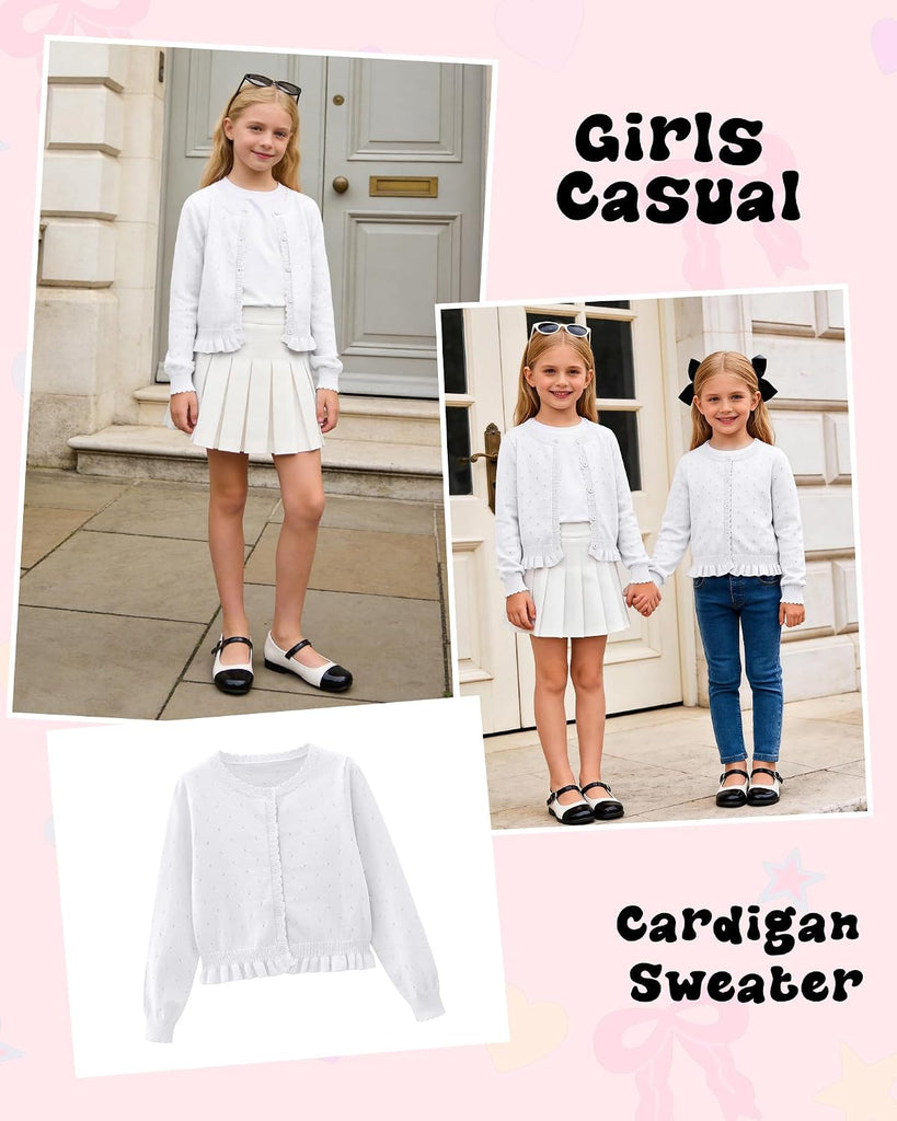 Button Down Long Sleeve Uniform Sweater for Kids Hollow Out Ruffle Knit Sweater