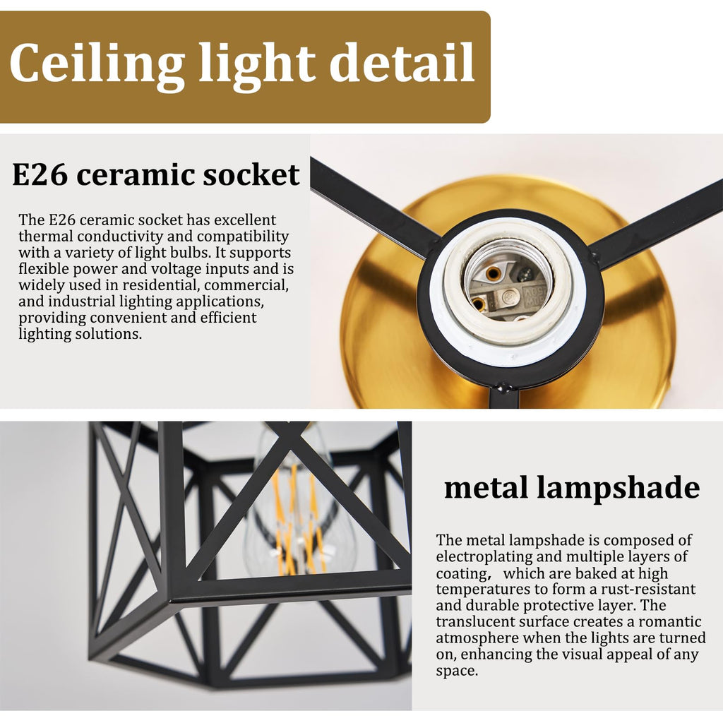 Modern Farmhouse Black and Gold Semi Flush Mount Ceiling Light 9.5 in