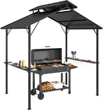 8' x 5' Hardtop Grill Gazebo, Outdoor BBQ Gazebo with Double Metal Roof, 2 Side Shelves and 10 Hooks