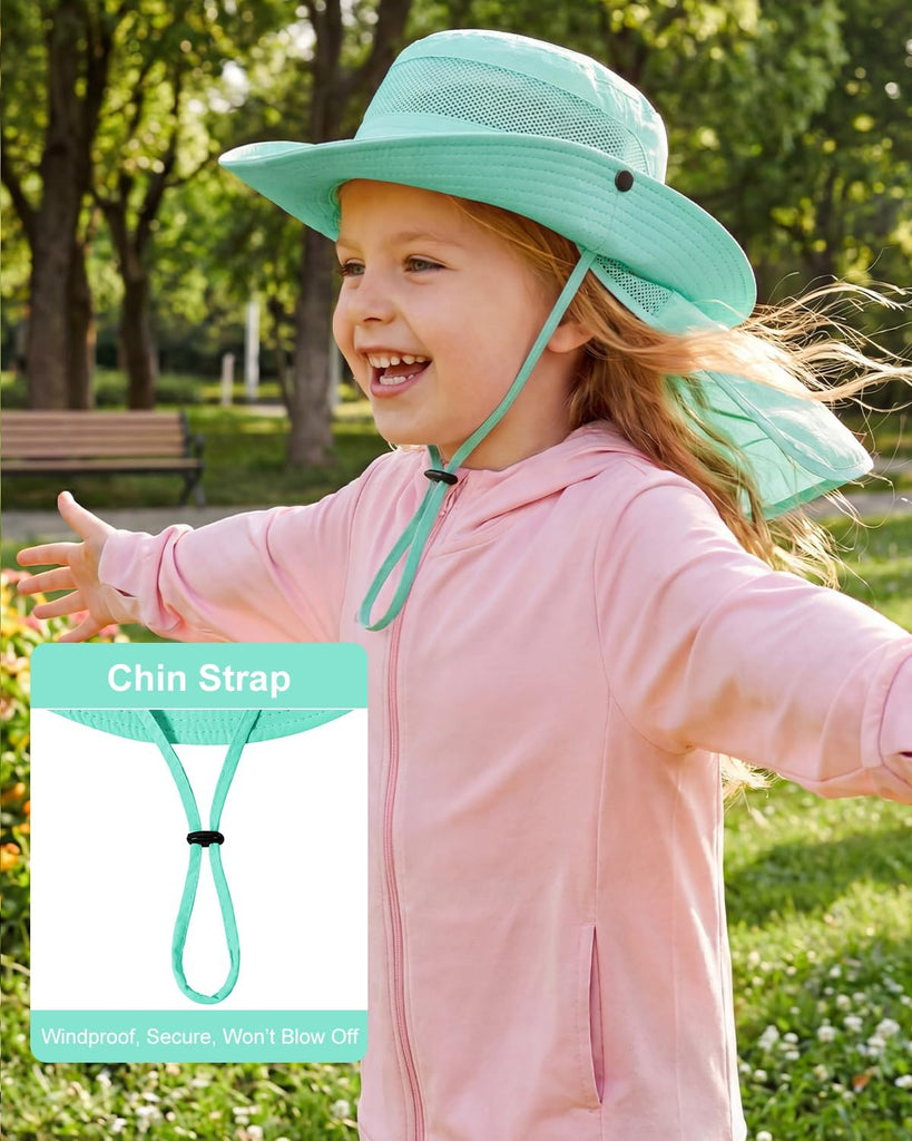 Kids Sun Hat with Ponytail Hole & Detachable Neck Flap UPF50+ Quick Dry Girls Bucket Hat for Outdoor Beach
